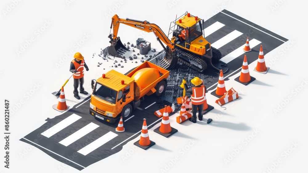 Fototapeta premium A group of construction workers are laying down orange and white cones on a road