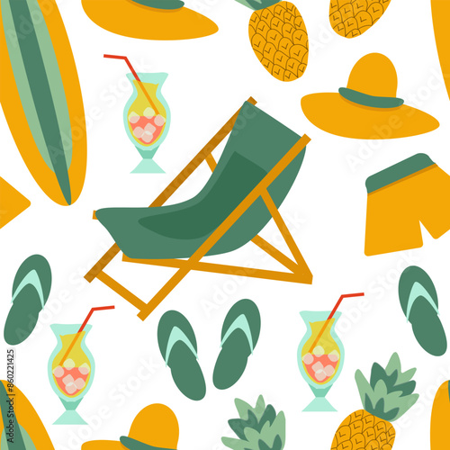Seamless pattern beach vacation - folding chair, cocktails with ice in glass goblets with straws, pineapples, shorts, surfboard, brimmed hat and flip-flops on white background 