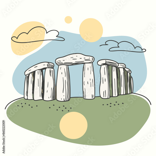 Stonehenge, Wiltshire, England illustration style of flying blobs