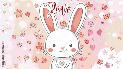 Cute white rabbit on pink background with hearts illustration clipart sticker. valentines day Love text romantic postcard