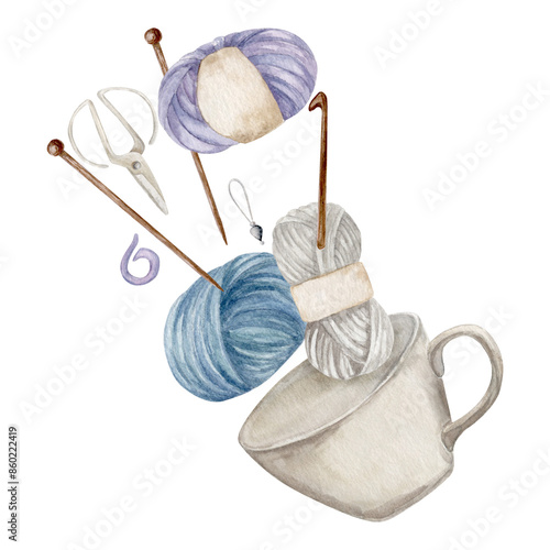 composition with cup, balls of yarn, single pointed needles, crochet, stitch markers and scissors. Watercolor illustration, hand draw.