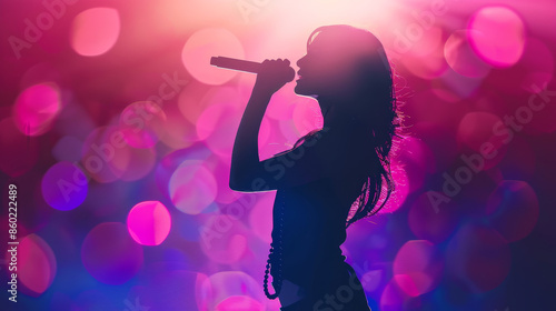 Illustration clipart Woman female person singer with microphone on the stage performance. pink bokeh lights on background 