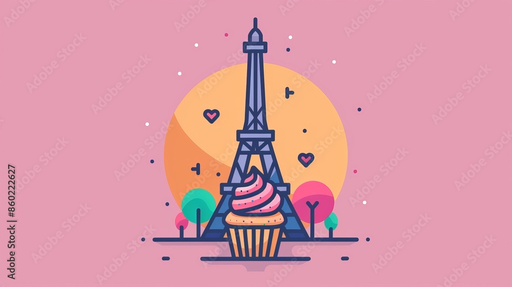 A cupcake with a heart on top of it is sitting in front of the Eiffel Tower A cupcake with a heart on top of it is sitting in front of the Eiffel Tower