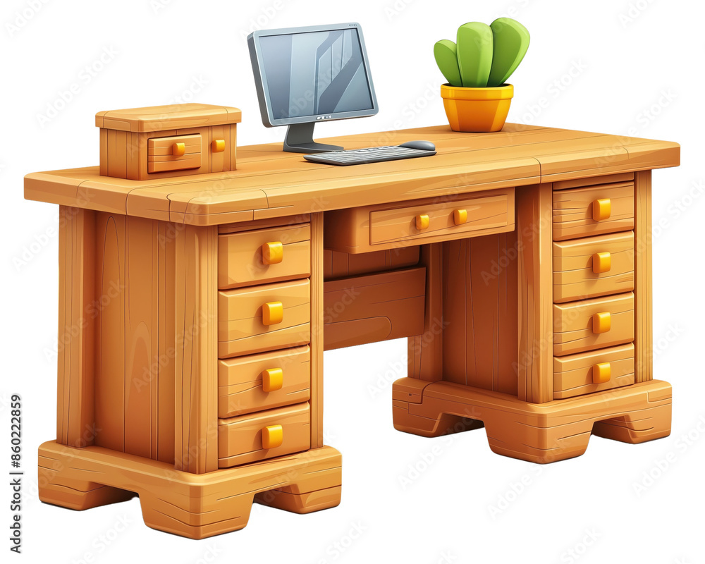 Wooden desk with computer and cactus in pot. Ideal for office, home workspace, and study decor. Wooden desk with computer and cactus in pot. Ideal for office, home workspace, and study decor.
