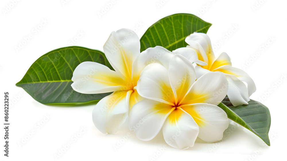 Frangipani flowers with leaves isolated on white : Generative AI Frangipani flowers with leaves isolated on white : Generative AI