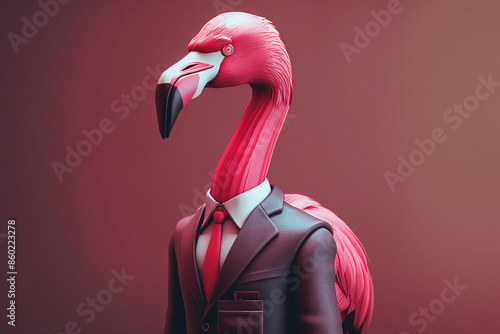 portrait of a flamingo, An anthropomorphic pink flamingo, dressed in a sharp suit like a businessman, created with AI-generated art and human-enhanced details photo