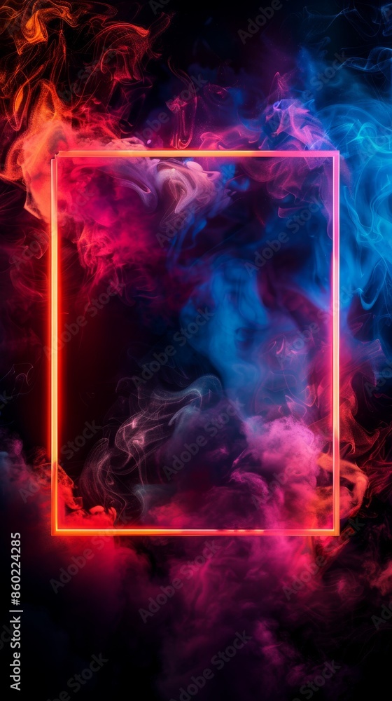 Red Neon Light Frame Over Colorful Smoke Red Neon Light Frame Over Colorful Smoke