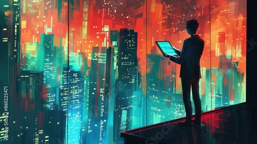 Businessman stands by a window, viewing a vibrant cityscape with neon lights, holding a tablet. Futuristic urban scene at night.
