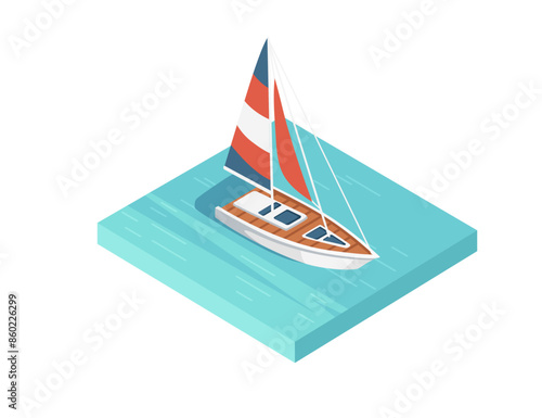 Three-dimensional isometric view of modern boat ship on water vector illustration isolated on white background