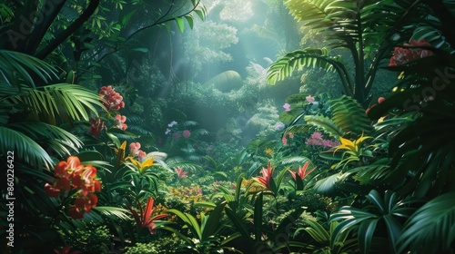 Wild jungle scene with dense foliage and tropical flowers AI generated