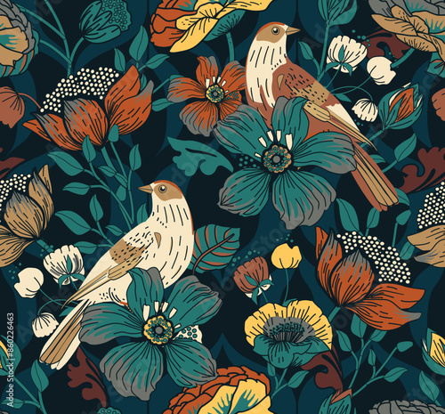 Seamless pattern for textile or wallpaper with flowers, leaves and birds. Full color print.	