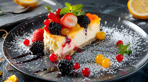 A vibrant plate of lemon cheesecake with various toppings photo