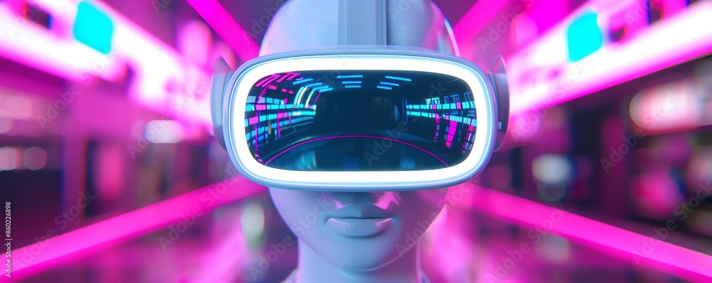 Futuristic humanoid robot with virtual reality headset in vibrant neon ...