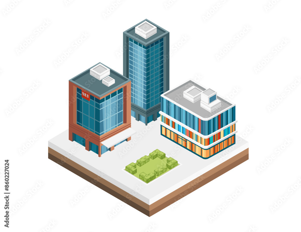 Three-dimensional isometric view showcasing bustling streets, towering skyscrapers. Urban modern city design, vector illustration isolated on white background Three-dimensional isometric view showcasing bustling streets, towering skyscrapers. Urban modern city design, vector illustration isolated on white background