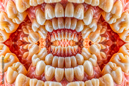 Kaleidoscopic teeth and gums pattern, symmetry design, disturbing horror background