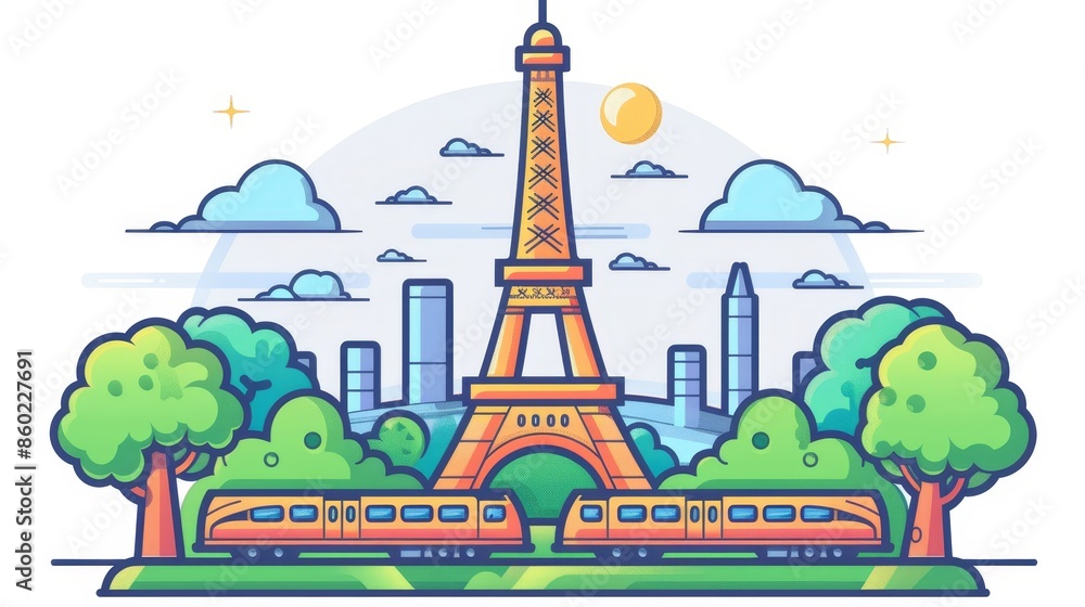 A train is traveling through a city with a large Eiffel Tower in the background A train is traveling through a city with a large Eiffel Tower in the background