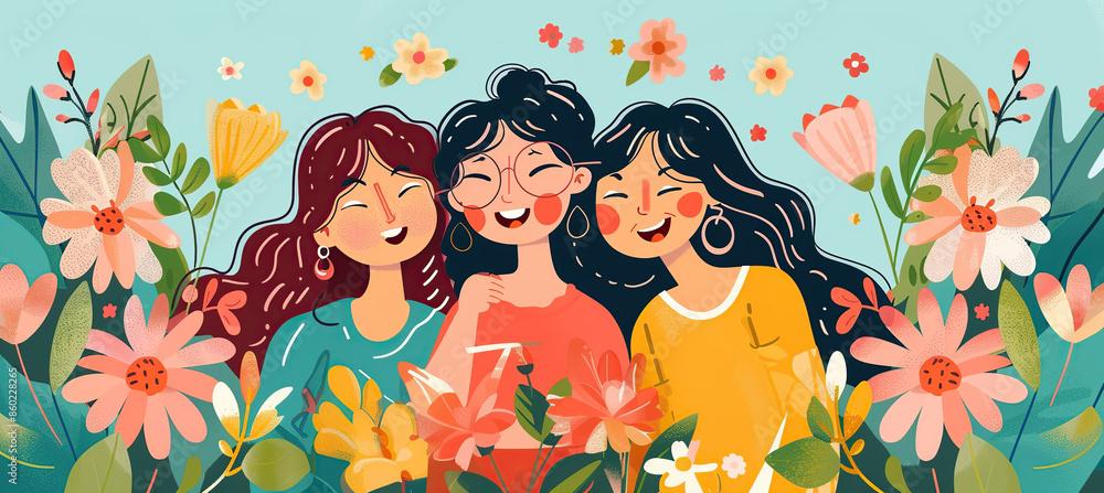Light blue bunner for Happy Sisters' Day on August 4, nice background with different summer flowers Light blue bunner for Happy Sisters' Day on August 4, nice background with different summer flowers