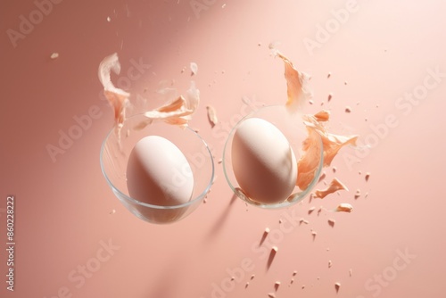 Two eggs are captured in mid-break, with the shells breaking apart in glass bowls, against a soft and delicate pink background creating an artistic effect. photo