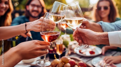A group of friends toasting with wine glasses at an outdoor dining table, celebrating the joy and connection during social gatherings