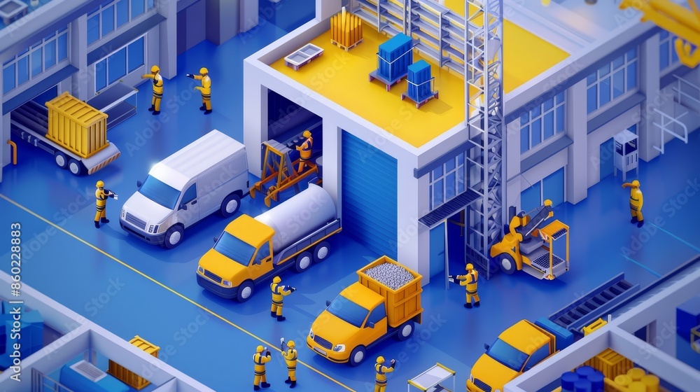 A group of workers are working on a building, with a truck in the foreground A group of workers are working on a building, with a truck in the foreground