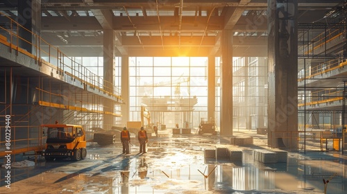 The photo shows a construction site with workers and heavy machinery. The concrete structure is almost complete. Sunlight shines through the large windows. © Summit Art Creations