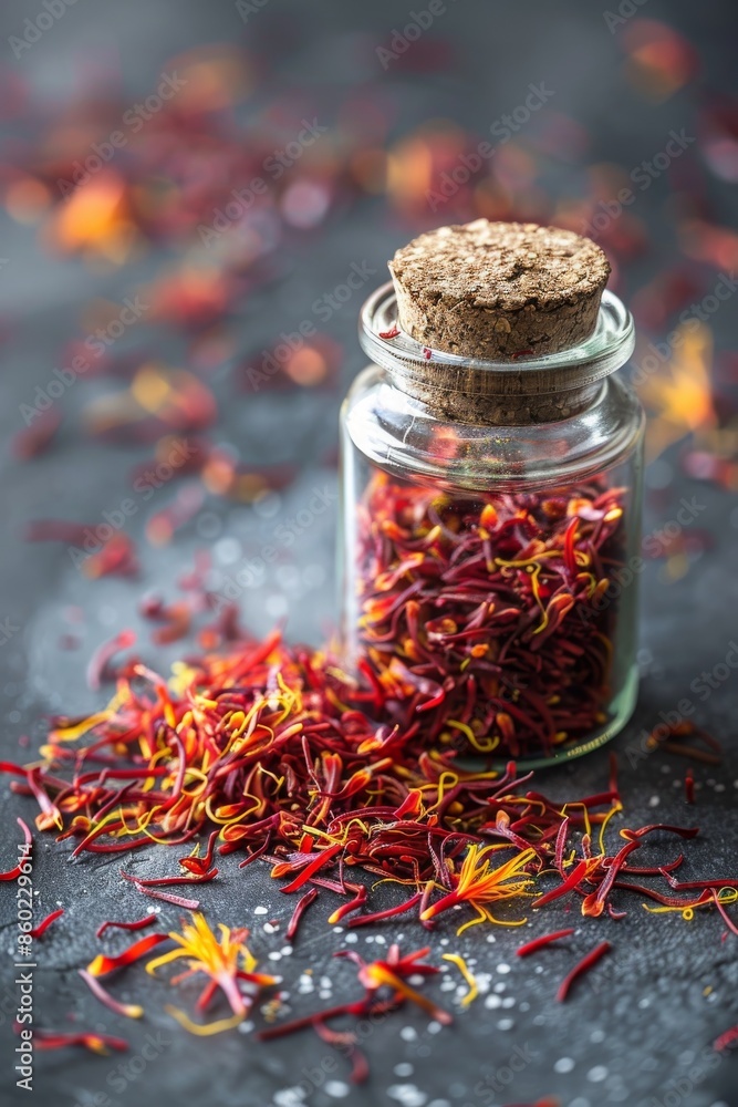 Dried Saffron Spice in Glass Jar on Grey Background Dried Saffron Spice in Glass Jar on Grey Background