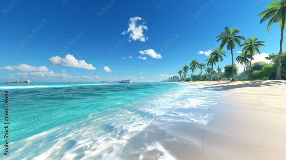 Tropical Beach with Palm Trees and Clear Blue Water, Idyllic Seaside Scene Tropical Beach with Palm Trees and Clear Blue Water, Idyllic Seaside Scene