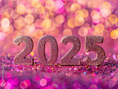 Cute number "2025" shaped text on glittery background, simple design, flat lay, bokeh effect in the background,