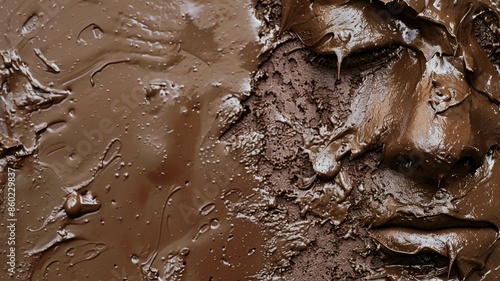 Close-up of face covered in thick, brown mud mask photo