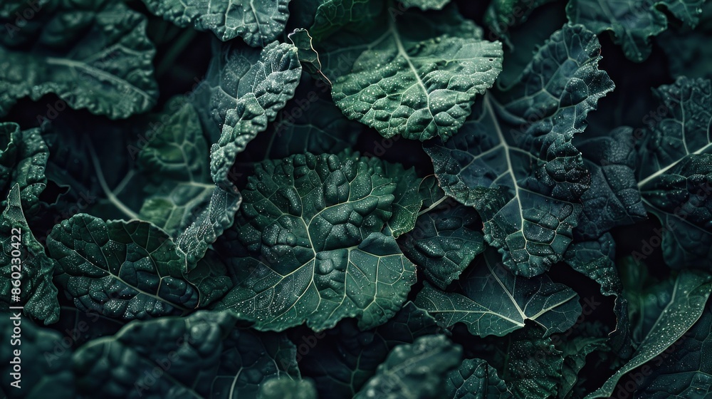 Fototapeta premium A close-up shot of kale leaves, showcasing their intricate texture and deep green hue,