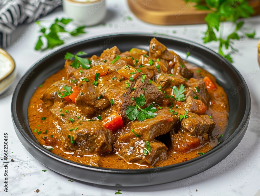 Hearty Beef Goulash on a White Background for Foodie Inspiration Generative AI Hearty Beef Goulash on a White Background for Foodie Inspiration Generative AI