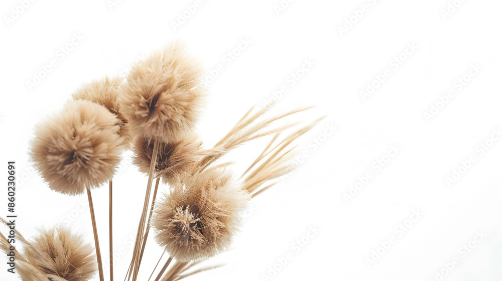 Fluffy tan pom pom plants bouquet on white background Minimal floral holiday composition Rabbit bunny tales grass : Generative AI Fluffy tan pom pom plants bouquet on white background Minimal floral holiday composition Rabbit bunny tales grass : Generative AI