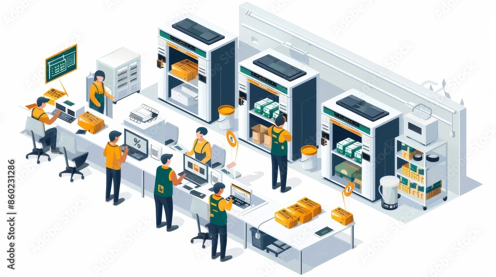 A group of workers are in a factory, with one of them wearing a yellow shirt A group of workers are in a factory, with one of them wearing a yellow shirt