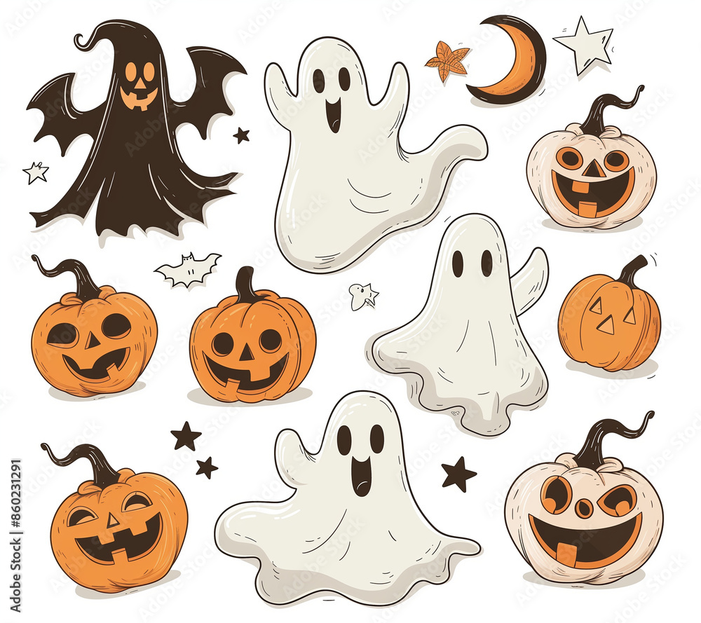A set of cute cartoon halloween ghosts and pumpkins, clip art style, white background, A set of cute cartoon halloween ghosts and pumpkins, clip art style, white background,
