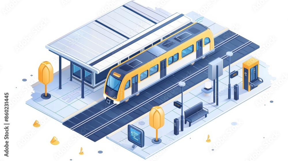 A train is pulling into a station with a yellow and white train A train is pulling into a station with a yellow and white train