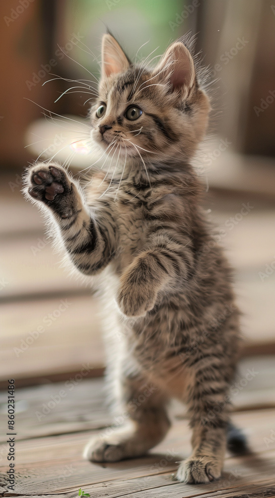 A kitten stands on its hind legs, with two front paws raised and both feet visible, in a cute and adorable style. A kitten stands on its hind legs, with two front paws raised and both feet visible, in a cute and adorable style.