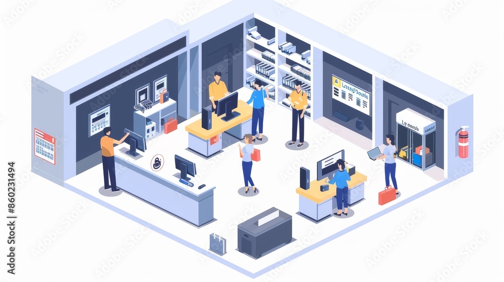A store with people shopping and a fire extinguisher on the wall A store with people shopping and a fire extinguisher on the wall
