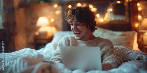 A young man laughs heartily while looking at his laptop in bed, conveying a sense of joy and amusement  photorealistic, candid shot, bedroom with warm lighting
