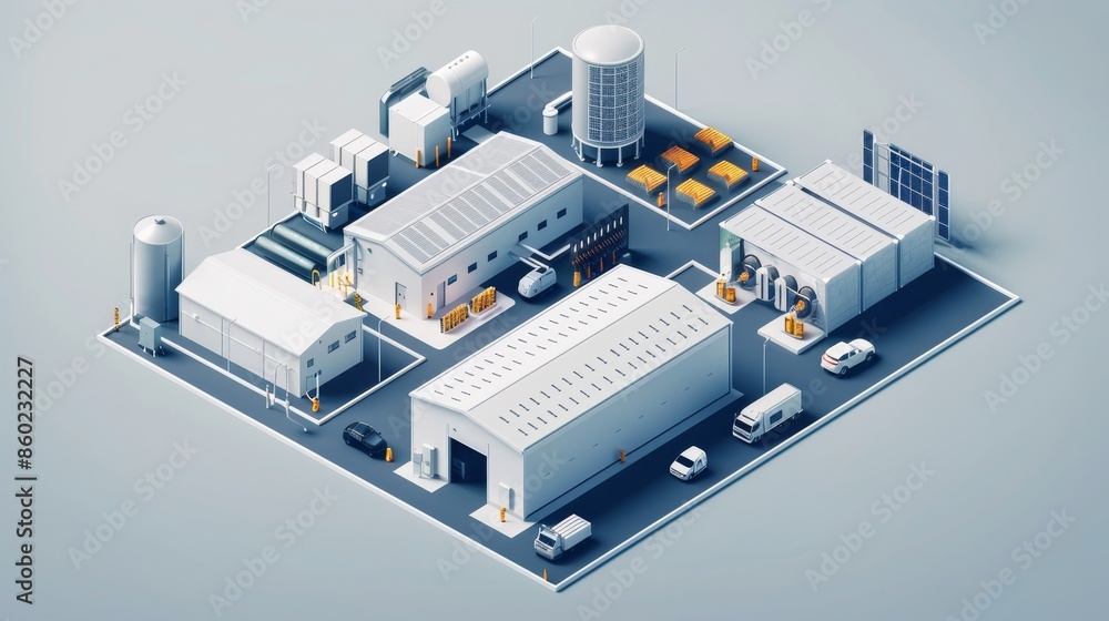 A large industrial area with many buildings and trucks A large industrial area with many buildings and trucks