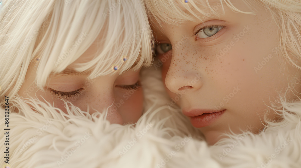 Close-up of two blonde children with freckles snuggling together, creating a warm and intimate moment of childhood.
Close-up of two blonde children with freckles snuggling together, creating a warm and intimate moment of childhood.