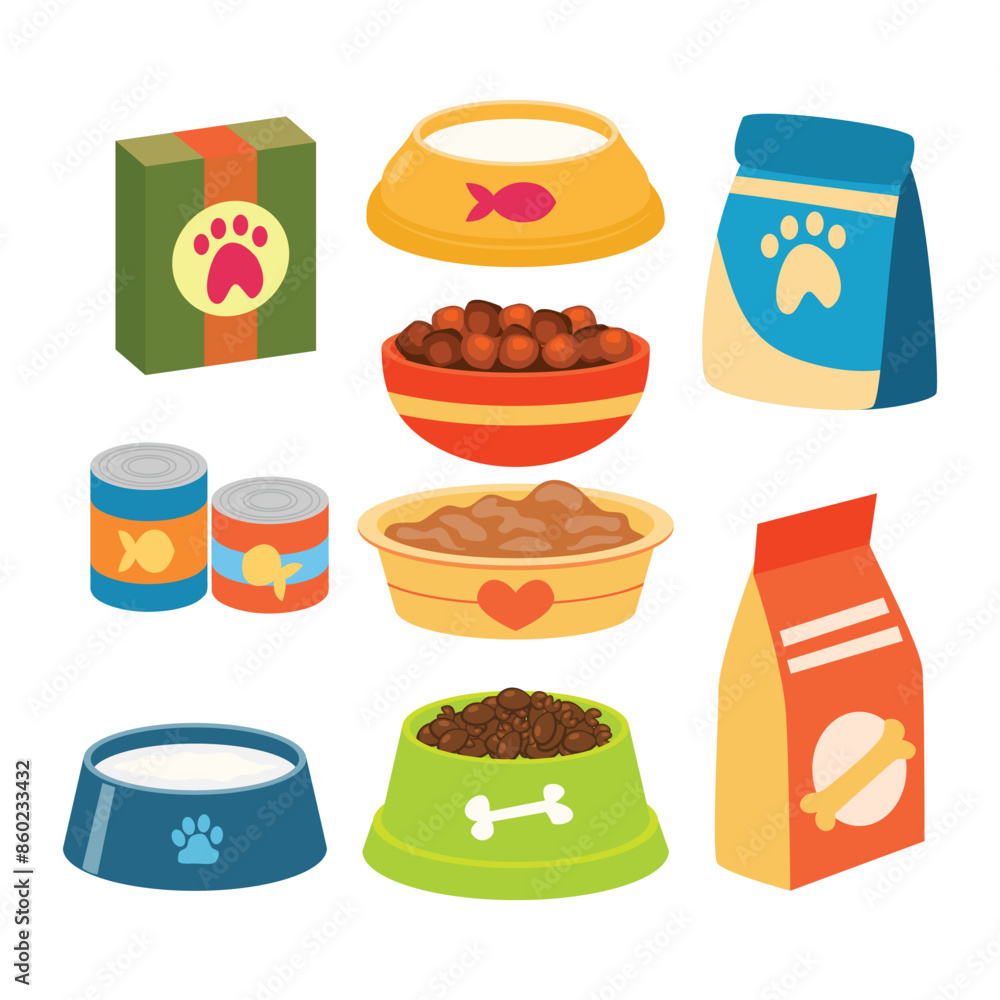 Set of various pet food cartoon collection, packages of dry and wet canine and feline food. Bowl of milk and water for dog or cat. Pet shop or store concept, domestic animal, care concept illustration Set of various pet food cartoon collection, packages of dry and wet canine and feline food. Bowl of milk and water for dog or cat. Pet shop or store concept, domestic animal, care concept illustration