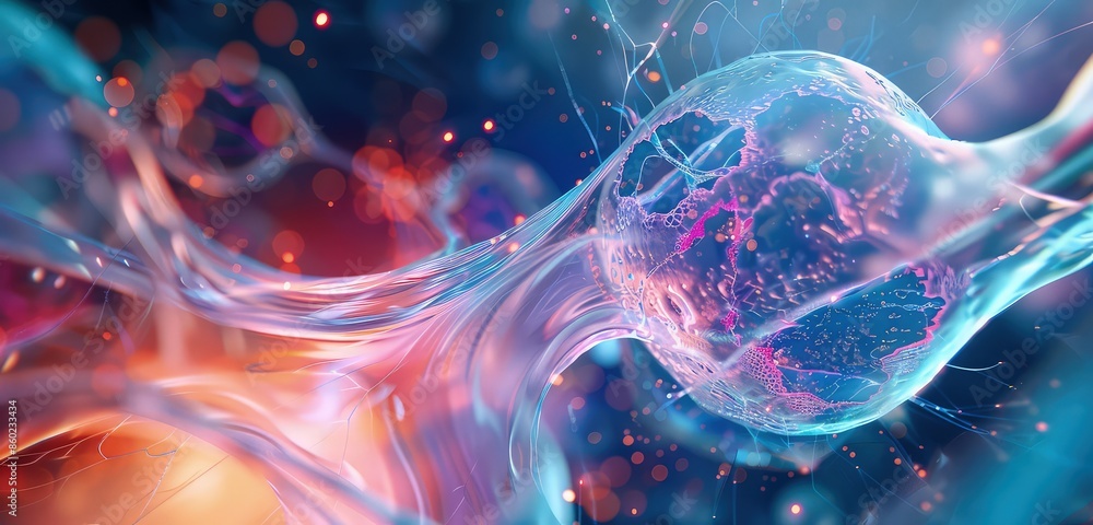 A captivating 3D rendering of a cell membrane, with smooth curves and vibrant colors interacting with light to create a mesmerizing biological effect. A captivating 3D rendering of a cell membrane, with smooth curves and vibrant colors interacting with light to create a mesmerizing biological effect.