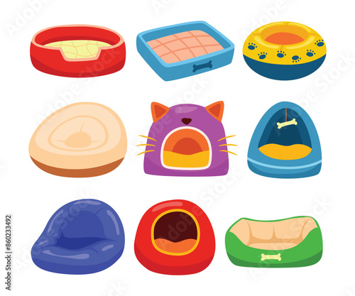 Set of colorful different pet beds in cartoon style collection, cute beds for cats, dogs with pillows, Cat and dog bed house. A place for a pet to sleep. A pet care item vector illustration.