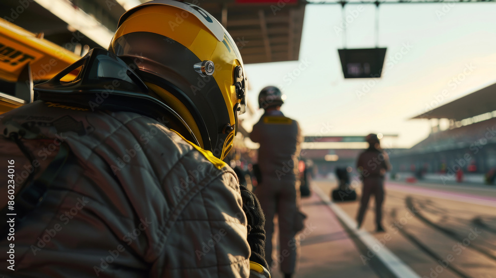 A pit crew member in a helmet checking tire pressure  temperature during a motorsport event