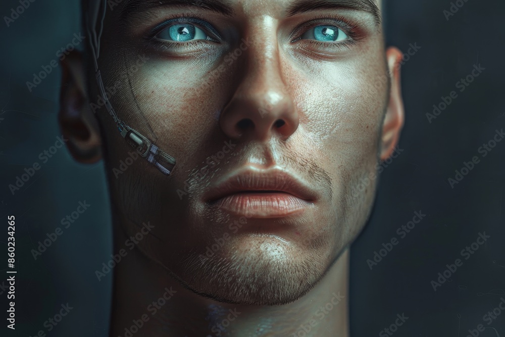 portrait of a cyberman with implants on his face and body in the form of chipping with modern human robotic technologies. portrait of a cyberman with implants on his face and body in the form of chipping with modern human robotic technologies.