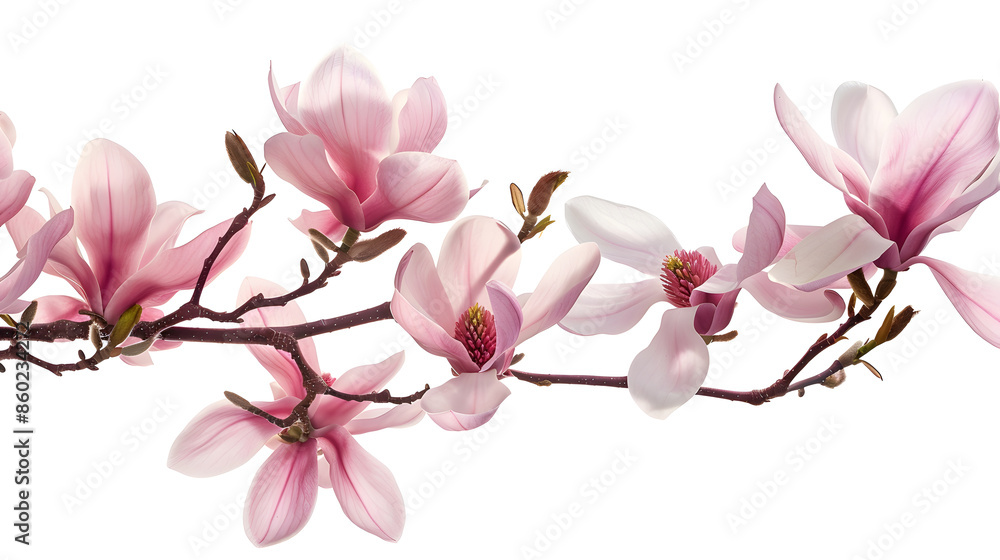 Obraz premium Beautiful pink spring magnolia flowers on a tree branch isolated on white : Generative AI