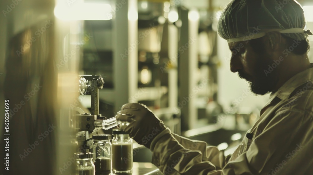 A factory worker operating a machine with industrial equipment in the background A factory worker operating a machine with industrial equipment in the background