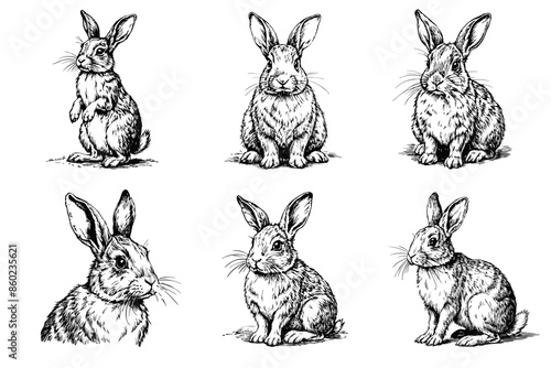 Set of sketches of black and white rabbits from different angles.