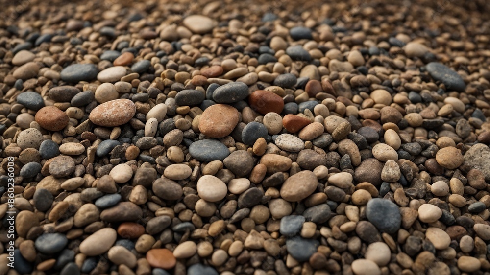 Vast collection of small, smooth pebbles covers ground, creating textured, colorful surface. Pebbles vary in size, shape, color, ranging from beige, brown to gray, black. Scene gives natural. Vast collection of small, smooth pebbles covers ground, creating textured, colorful surface. Pebbles vary in size, shape, color, ranging from beige, brown to gray, black. Scene gives natural.