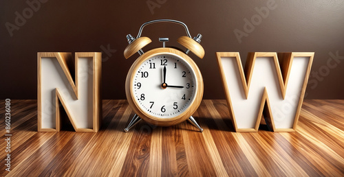 3d render illustration of wooden word text NOW with clock in place of letter O photo